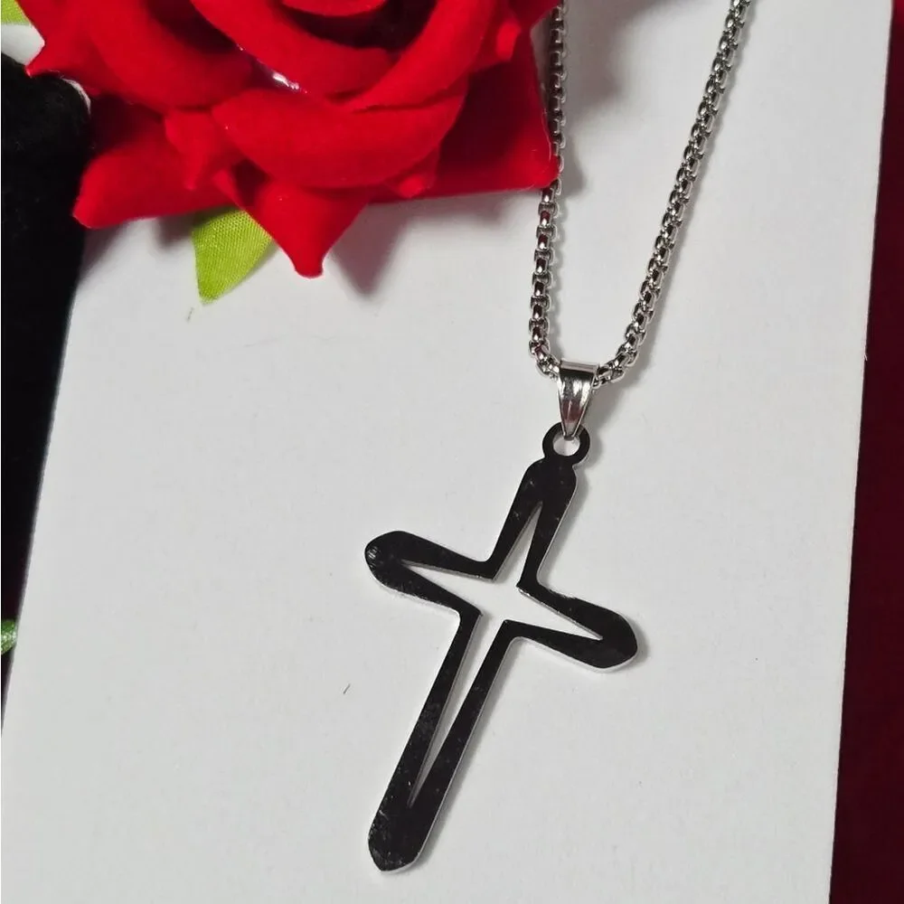 Silver Hollow Cross Pendant Necklace Stainless Steel Unisex Box Chain Jewelry